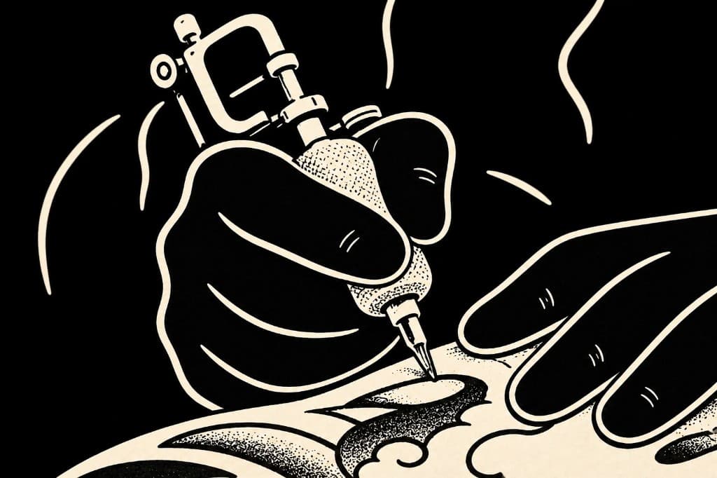 Close-up of a tattoo machine and gloved hands