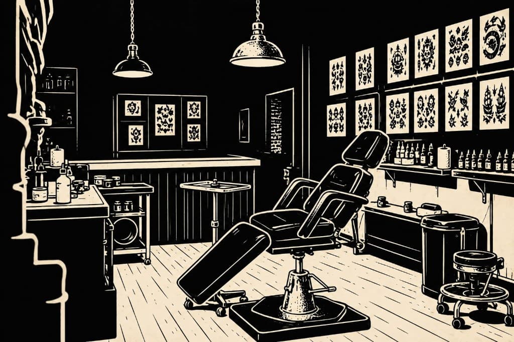 A tattoo studio interior, empty chair and flash on the wall